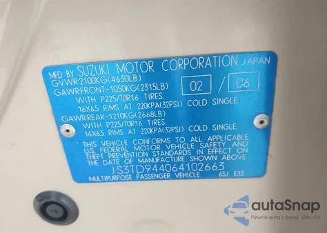 2006 Suzuki Grand Vitara Xsport z USA, uszkodzony, nr VIN JS3TD944064102663